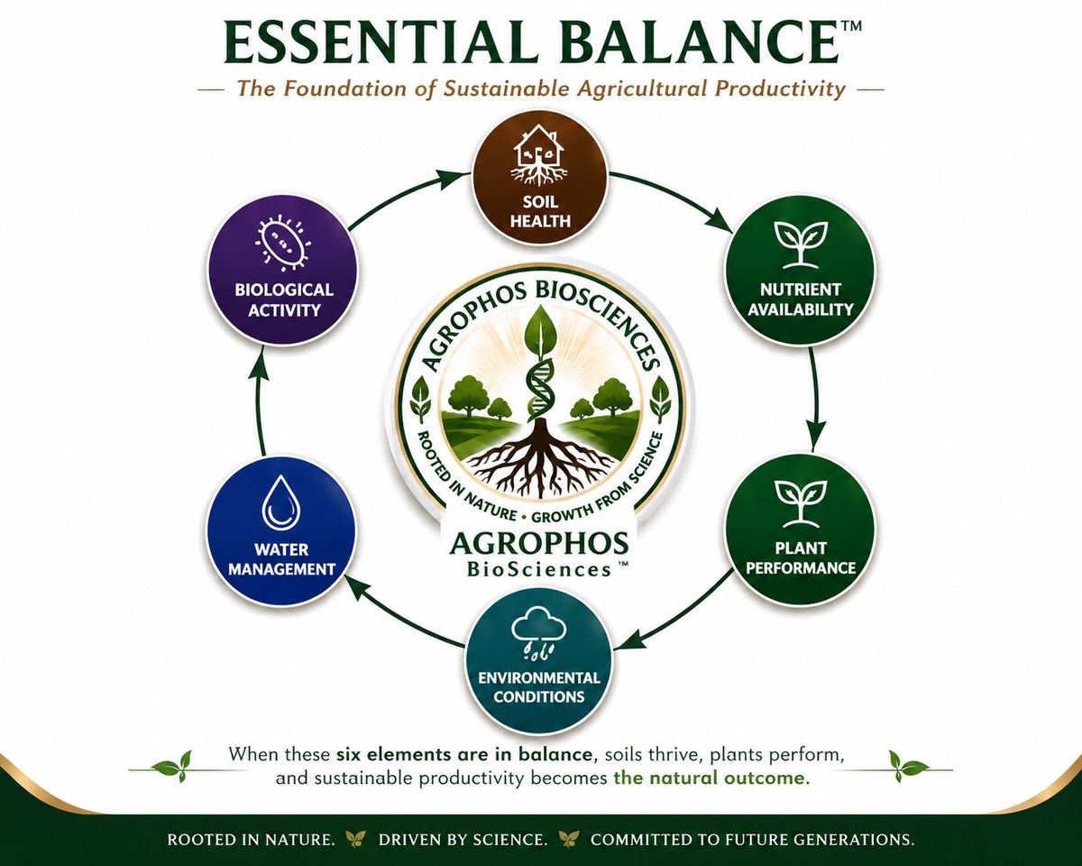 Essential Balance™ — The Foundation of Sustainable Agricultural Productivity. Six interconnected elements: Soil Health, Nutrient Availability, Plant Performance, Environmental Conditions, Water Management, Biological Activity.