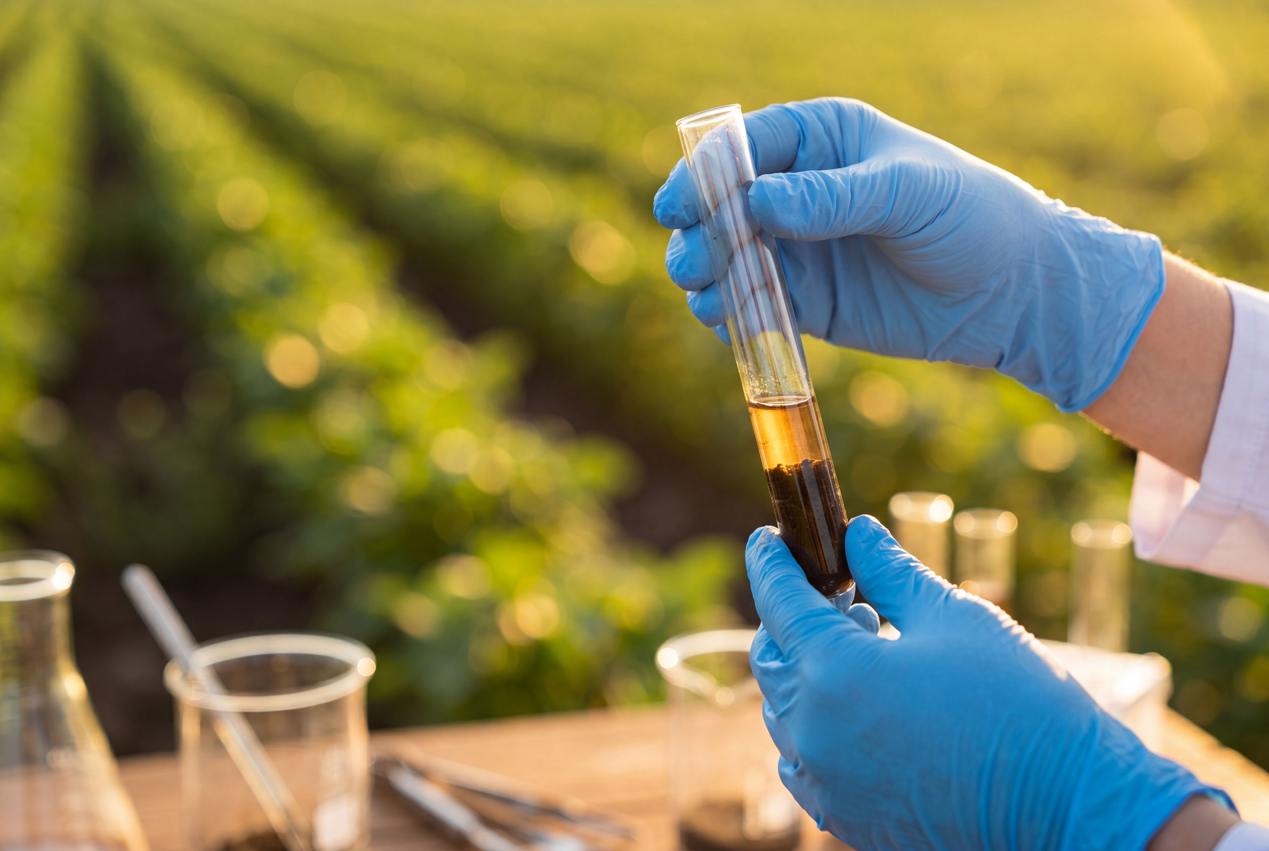 Scientist holding soil extract sample with agricultural field in background