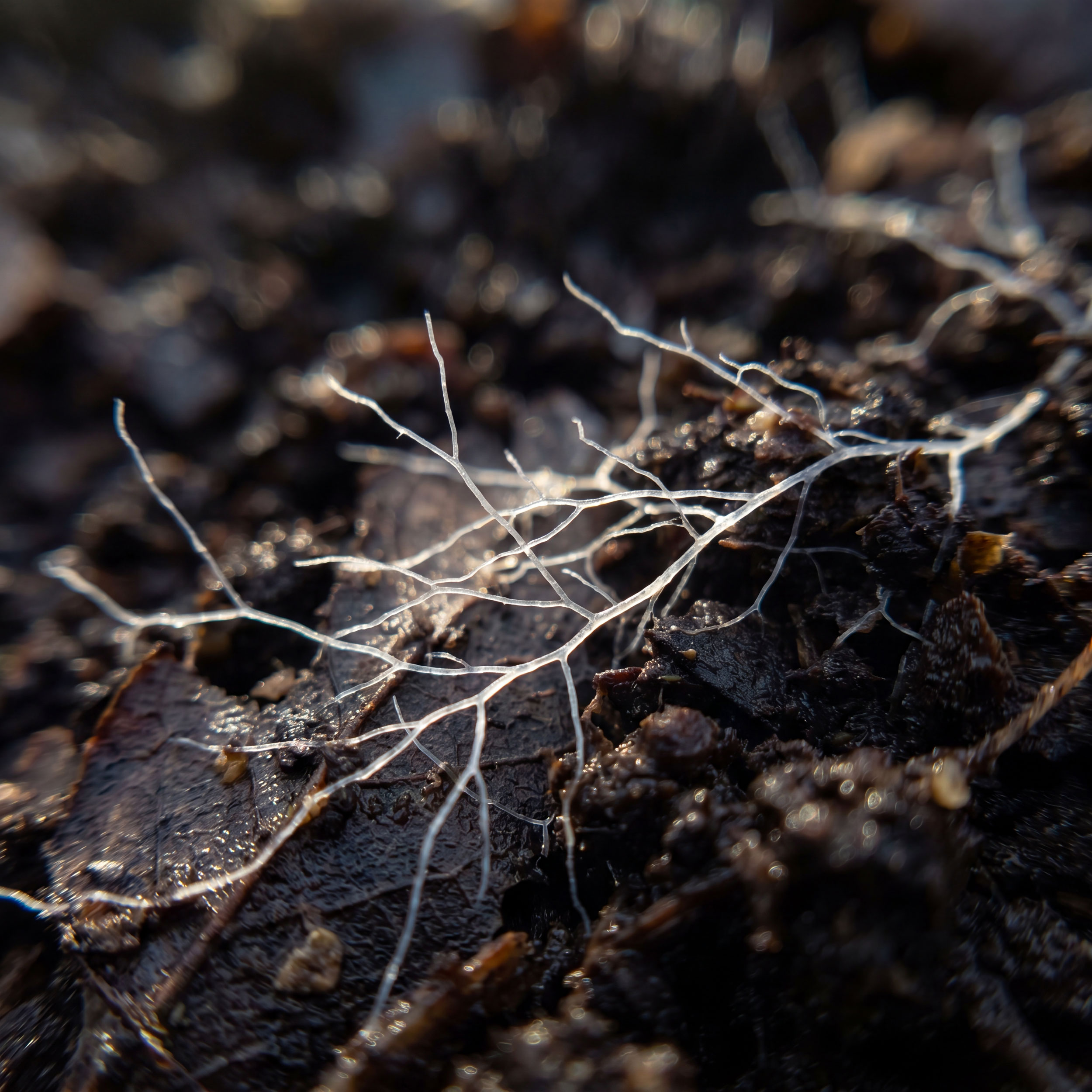 Mycorrhizal fungal network macro photography
