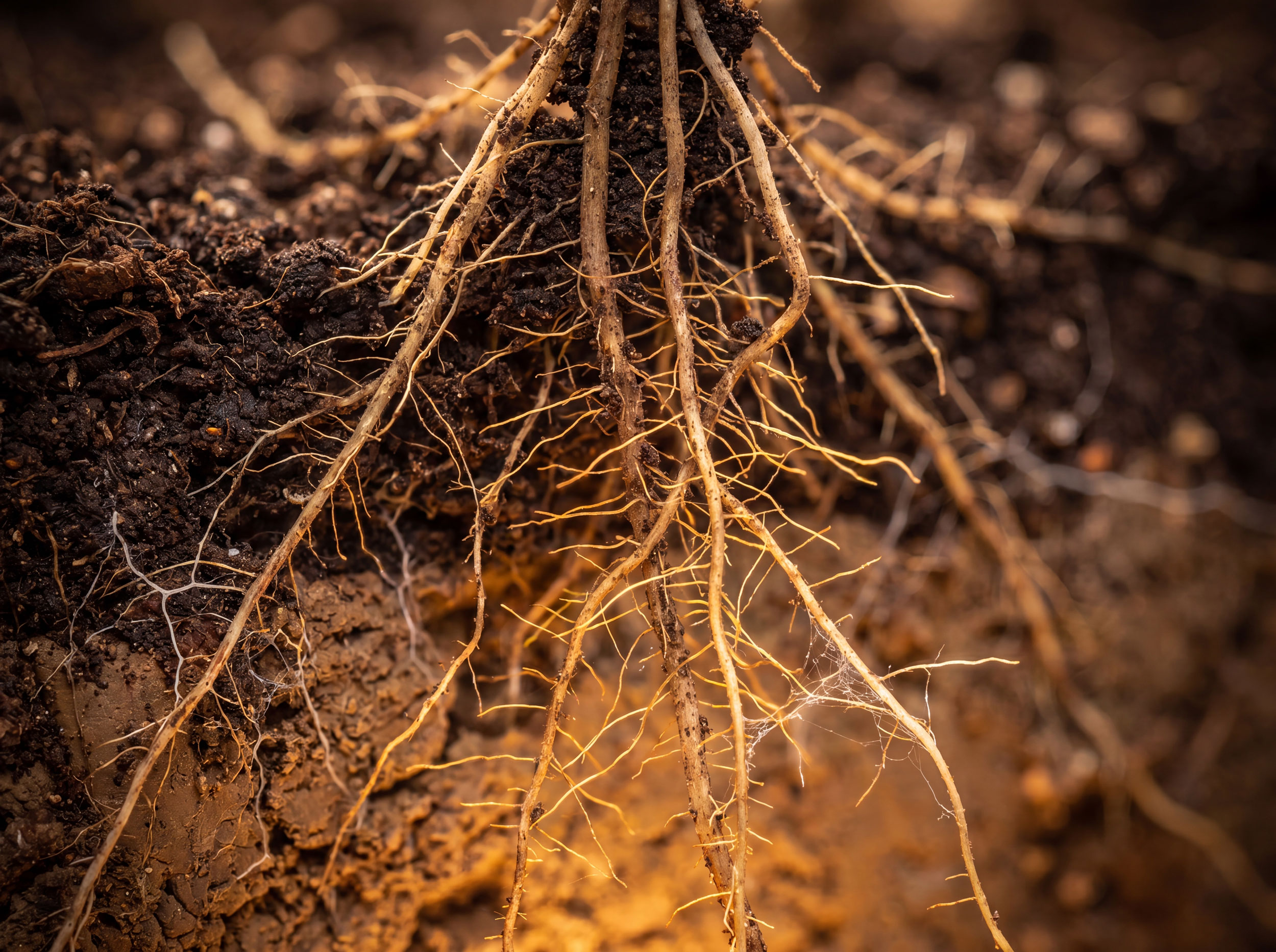 Underground root system cross-section showing dense roots through rich dark soil